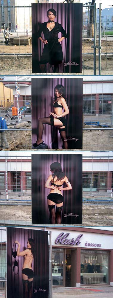 Voici une série de panneau publicitataire annonçant quelque chose... mais que veut dire cette dame qui se dénude... height=