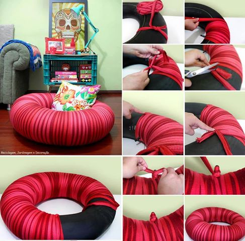 Vous avez une chambre à air mais vous ne savez qu'en faire? Et pourquoi pas en faire un joli pouf. Sympa non?