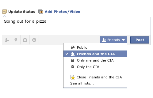 Nouveau sur Facebook, on peut partager ses données avec ses amis, ses amis proches. Mais toujours avec la CIA. Au moins, là c'est clair!