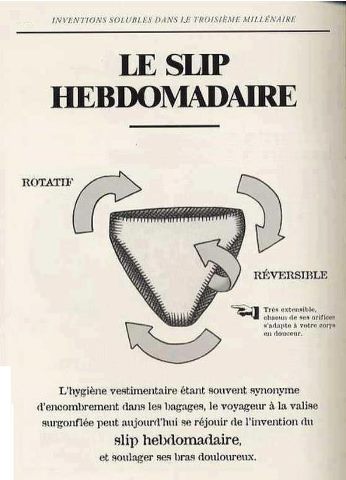 Pratique : Ca va révolutionner le 3eme millénaire : Le slip hebdomadaire : Il suffit de le tourner et le retourner et hop, ça fait 6 jours ! Reste à l'aérer une nuit dehors et c'est reparti pour 6 jours! Ah la place qu'on va gagner dans nos armoires ! height=