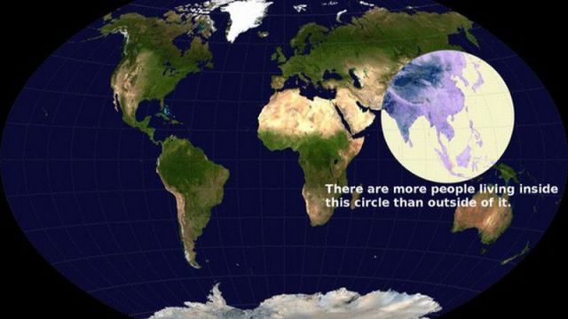 Le cercle sur cette carte regroupe l'Inde et la Chine notamment. Il y a plus de monde à l'intérieur du cercle qu'à l'extérieur. Incroyable non? height=