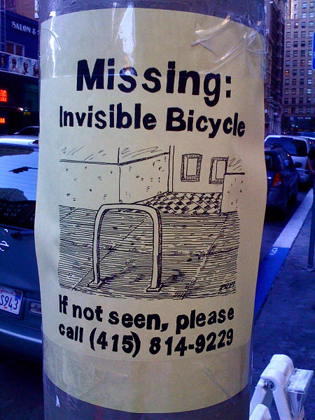 Avis de recherche : Le vélo invisible est porté disparu. Si vous ne l'avez pas vu, merci de nous appeler