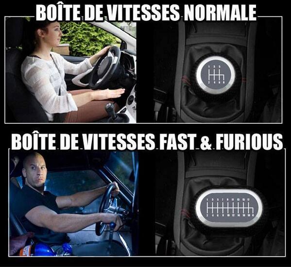 Votre boite de vitesse, elle a quoi? 5 vitesses? 6 maximum. Dans Fast & Furious, ils utilisent des boites particulières...