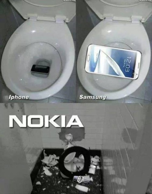 Quel est le téléphone le plus fiable pour le test des toilettes? 
L'Iphone qui s'arrête à la limite de l'eau?
Le Samsung qui s'arrête sur la cuvette?
Ou... le Nokia 3310? height=