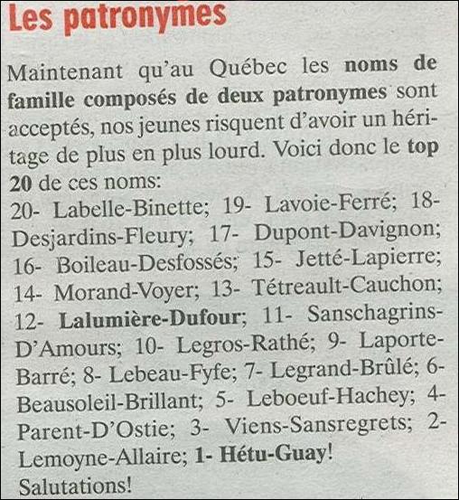 Voici les mélanges de noms de familles réalisés au Québec depuis quelques années !
