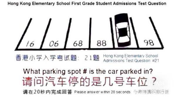 Sur quel numéro de place de parking est garé la voiture. Question posée en fin d'école primaire à Hong Kong. Vous avez 20 secondes... height=